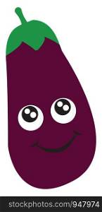 A tall purple eggplant with a happy smiley , vector, color drawing or illustration.