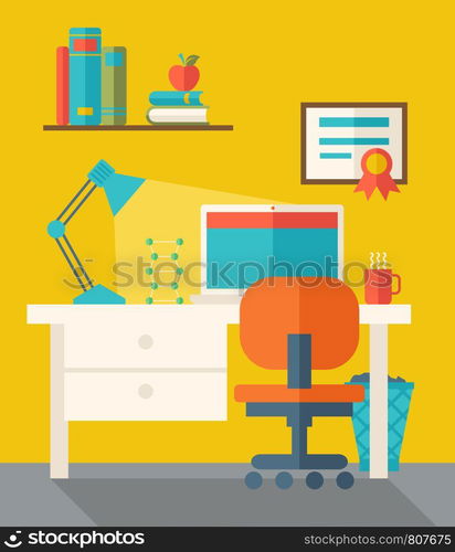 A teacher's office with computer, table, lamp, and chair. . A Contemporary style with pastel palette, dark yellow tinted background. Vector flat design illustration. Square layout.. Teacher's office