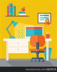 A teacher's office with computer, table, lamp, and chair. . A Contemporary style with pastel palette, dark yellow tinted background. Vector flat design illustration. Square layout.. Teacher's office