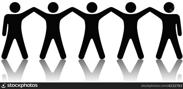 A team or group of five people with hands raised celebrate cooperation, teamwork, victory, winning, etc.