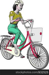 A teenage girl is riding red colored bike on road looking so happy She is wearing safety helmet with yellow and green dress vector color drawing or illustration