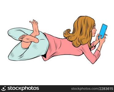 a teenage woman lies and watches a smartphone, lifestyle new technologies, chat on social networks. Isolate on a white background Pop Art Retro Vector Illustration Vintage Kitsch 50s 60s Style. a teenage woman lies and watches a smartphone, lifestyle new technologies, chat on social networks