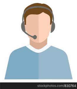 A telephone operator with his black-colored headset dressed in his blue-colored shirt is ready for a call vector color drawing or illustration