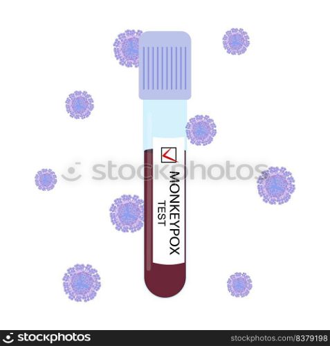 A test tube with the blood of a person with monkeypox. Positive test for the virus. Vector illustration.. Test tube with blood of a person with monkeypox.