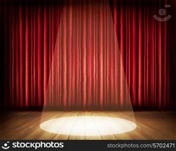 A theater stage with a red curtain and a spotlight. Vector.