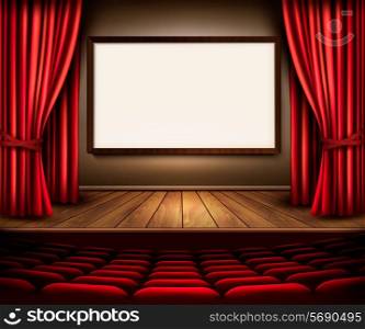 A theater stage with a red curtain, seats and a project board. Vector.