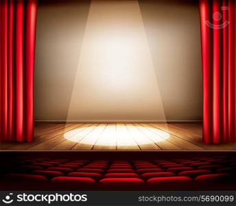 A theater stage with a red curtain, seats and a spotlight. Vector.