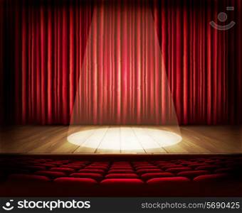 A theater stage with a red curtain, seats and a spotlight. Vector.