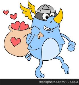 a thief walks sneaking around carrying a bag of love. cartoon illustration sticker mascot emoticon