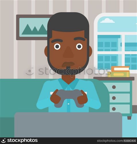 A tired african-american man sitting on a sofa with gamepad in hands on the background of living room vector flat design illustration. Square layout.. Addicted video gamer.