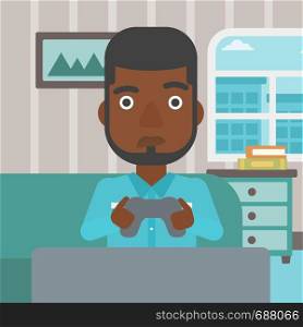 A tired african-american man sitting on a sofa with gamepad in hands on the background of living room vector flat design illustration. Square layout.. Addicted video gamer.