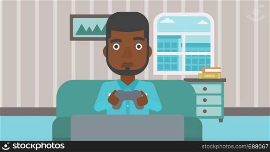 A tired african-american man sitting on a sofa with gamepad in hands on the background of living room vector flat design illustration. Horizontal layout.. Addicted video gamer.
