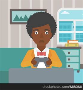 A tired african-american woman sitting on a sofa with gamepad in hands on the background of living room vector flat design illustration. Square layout.. Addicted video gamer.