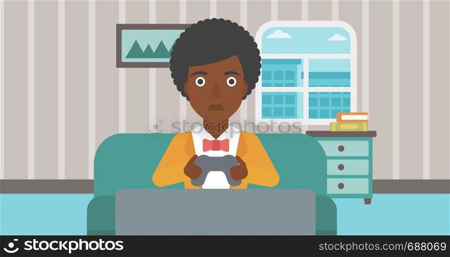 A tired african-american woman sitting on a sofa with gamepad in hands on the background of living room vector flat design illustration. Horizontal layout.. Addicted video gamer.