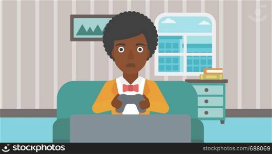A tired african-american woman sitting on a sofa with gamepad in hands on the background of living room vector flat design illustration. Horizontal layout.. Addicted video gamer.