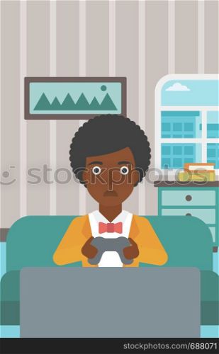 A tired african-american woman sitting on a sofa with gamepad in hands on the background of living room vector flat design illustration. Vertical layout.. Addicted video gamer.