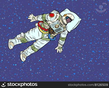 A tired astronaut sleeps in outer space. A professional sleeps at work with his head on a pillow. Pop Art Retro Vector Illustration 50s 60s Vintage kitsch style. A tired astronaut sleeps in outer space. A professional sleeps at work with his head on a pillow