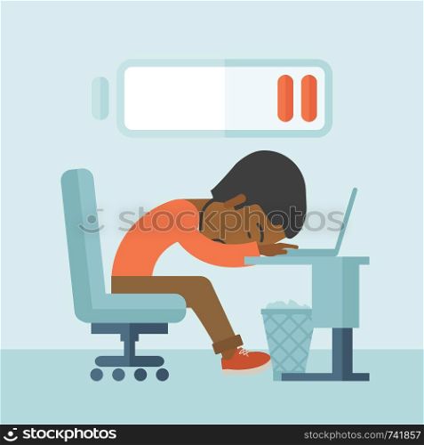 A tired black employee fall asleep at his desk with sign of low batt on the top of his head. A contemporary style with pastel palette soft blue tinted background. Vector flat design illustration. Square layout. . Employee fall asleep at his desk.