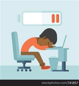 A tired black employee fall asleep at his desk with sign of low batt on the top of his head. A contemporary style with pastel palette soft blue tinted background. Vector flat design illustration. Square layout. . Employee fall asleep at his desk.