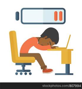 A tired black employee fall asleep at his desk with sign of low batt on the top of his head. A Contemporary style. Vector flat design illustration isolated white background. Square layout.. Employee fall asleep at his desk.