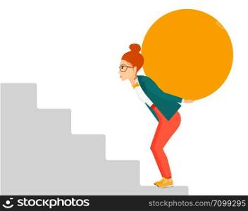 A tired business woman climbing the stairs and carrying a big stone on her back vector flat design illustration isolated on white background. . Woman carrying stone.