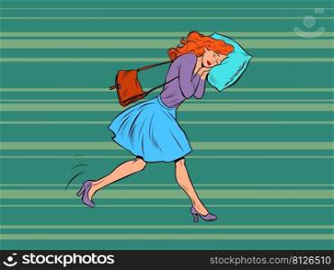 A tired businesswoman sleeps on the move. Goes to work in the morning with his head on a pillow. Pop Art Retro Vector Illustration 50s 60s Vintage kitsch style. A tired businesswoman sleeps on the move. Goes to work in the morning with his head on a pillow