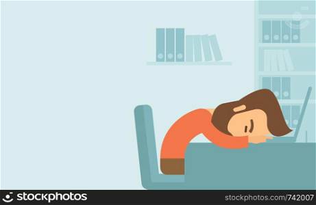A tired Caucasian sitting on the chair sleeping over the laptop on workplace in business office. A contemporary style with pastel palette soft blue tinted background. Vector flat design illustration. Horizontal layout with text space in left side. . Man fall asleep.