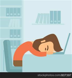 A tired Caucasian sitting on the chair sleeping over the laptop on workplace in business office. A contemporary style with pastel palette soft blue tinted background. Vector flat design illustration. Square layout. . Man fall asleep.