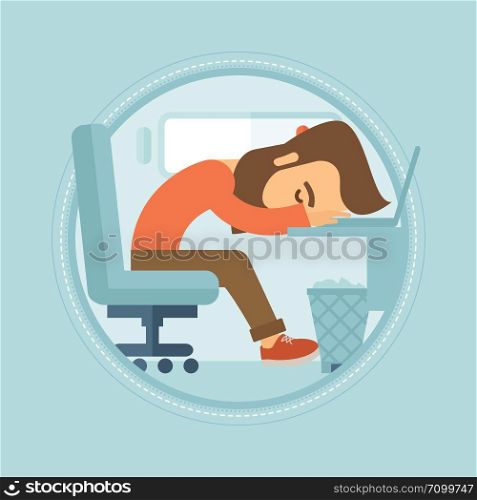 A tired hipster employee with the beard sleeping on the keyboard of laptop. Overworked young businessman resting at workplace. Vector flat design illustration in the circle isolated on background.. Tired employee sleeping at workplace.