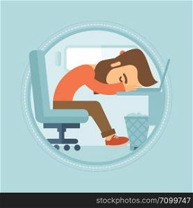 A tired hipster employee with the beard sleeping on the keyboard of laptop. Overworked young businessman resting at workplace. Vector flat design illustration in the circle isolated on background.. Tired employee sleeping at workplace.