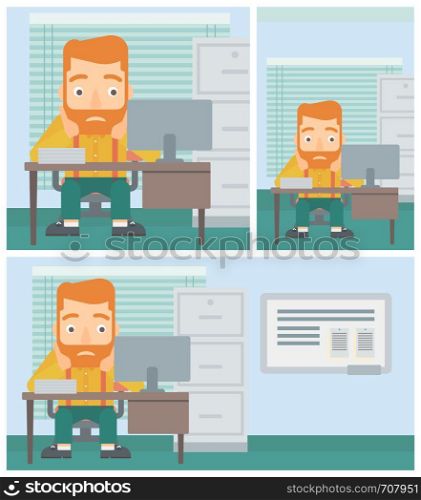 A tired hipster man with the beard sitting at workplace in front of computer monitor and clutching his head. Vector flat design illustration. Square, horizontal, vertical layouts.. Tired man sitting in office vector illustration.