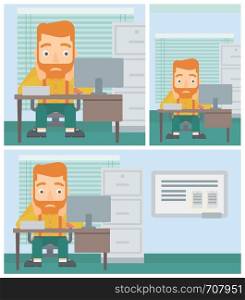A tired hipster man with the beard sitting at workplace in front of computer monitor and clutching his head. Vector flat design illustration. Square, horizontal, vertical layouts.. Tired man sitting in office vector illustration.