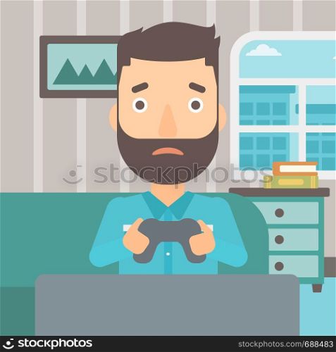 A tired hipster man with the beard sitting on a sofa with gamepad in hands on the background of living room vector flat design illustration. Square layout.. Addicted video gamer.