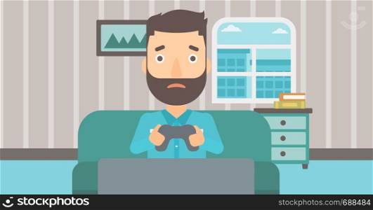 A tired hipster man with the beard sitting on a sofa with gamepad in hands on the background of living room vector flat design illustration. Horizontal layout.. Addicted video gamer.