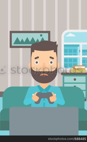 A tired hipster man with the beard sitting on a sofa with gamepad in hands on the background of living room vector flat design illustration. Vertical layout.. Addicted video gamer.