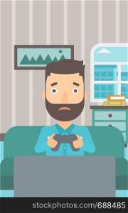 A tired hipster man with the beard sitting on a sofa with gamepad in hands on the background of living room vector flat design illustration. Vertical layout.. Addicted video gamer.