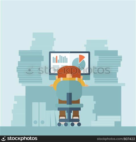 A tired man sitting on his chair lying down with those graphics from the monitor of computer and paper works on his table inside the office. A contemporary style with pastel palette soft blue tinted background. Vector flat design illustration. Square layout. . Tired man.