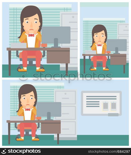 A tired woman sitting at workplace in front of computer monitor and clutching her head. Vector flat design illustration. Square, horizontal, vertical layouts.. Tired woman sitting in office vector illustration.