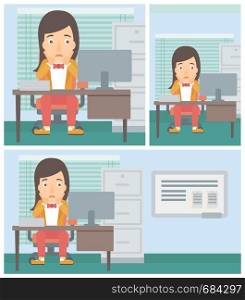 A tired woman sitting at workplace in front of computer monitor and clutching her head. Vector flat design illustration. Square, horizontal, vertical layouts.. Tired woman sitting in office vector illustration.