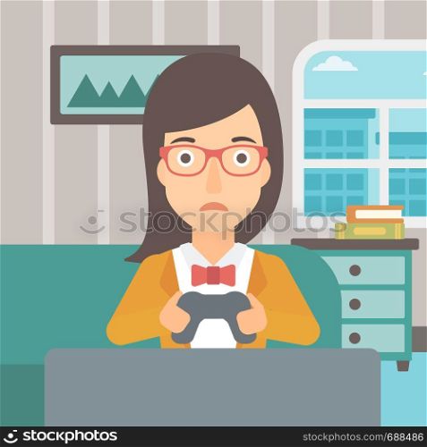 A tired woman sitting on a sofa with gamepad in hands on the background of living room vector flat design illustration. Square layout.. Addicted video gamer.