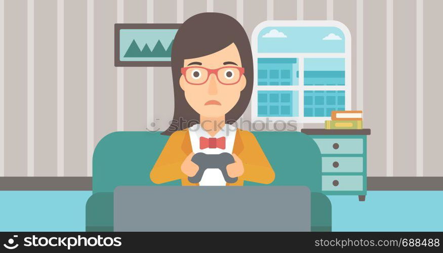 A tired woman sitting on a sofa with gamepad in hands on the background of living room vector flat design illustration. Horizontal layout.. Addicted video gamer.