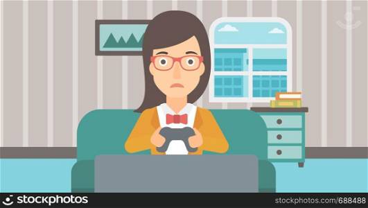A tired woman sitting on a sofa with gamepad in hands on the background of living room vector flat design illustration. Horizontal layout.. Addicted video gamer.