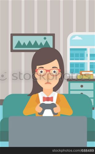 A tired woman sitting on a sofa with gamepad in hands on the background of living room vector flat design illustration. Vertical layout.. Addicted video gamer.