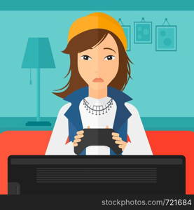 A tired woman sitting on a sofa with gamepad in hands on a living room background vector flat design illustration. Square layout.. Addicted video gamer.