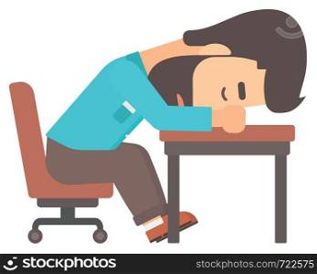 A tired young hipster man with the beard sleeping on table vector flat design illustration isolated on white background. . Man sleeping on table.