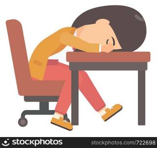 A tired young woman sleeping on table vector flat design illustration isolated on white background. . Woman sleeping on table.