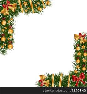 A traditional Christmas Garland made with red berries and decorations on a white background.Festive Holiday Background. Garland Border Made Of Holly Berries with decorations