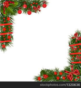 A traditional Christmas Garland made with red berries and red decorations on a white background.Festive Holiday Background. Garland Border Made Of Holly Berries with decorations