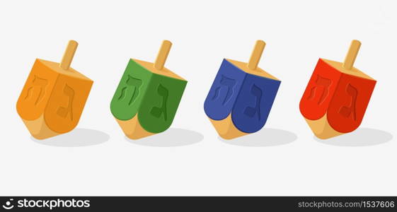 A traditional dreidel for playing during the Jewish holiday of Hanukkah. Brightly illustrated colorful vector style with rich colors: red, blue, green, orange.. A traditional dreidel for playing during the Jewish holiday of Hanukkah