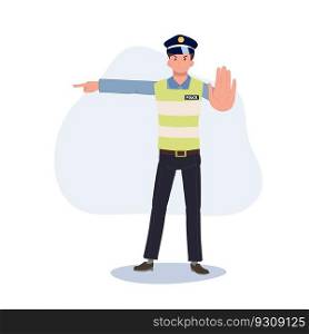 A traffic police gesturing to stop and giving sign the other way. Turn another way, block road. Flat vector cartoon illustration